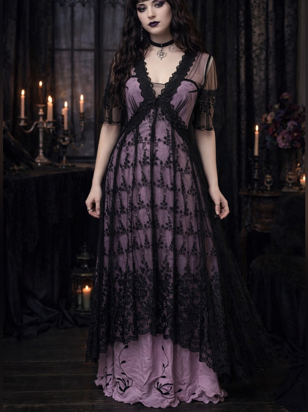 Belle Pogue Whimsigoth Maxi Dress M Purple Black Lace Overlay Goth 1920's
